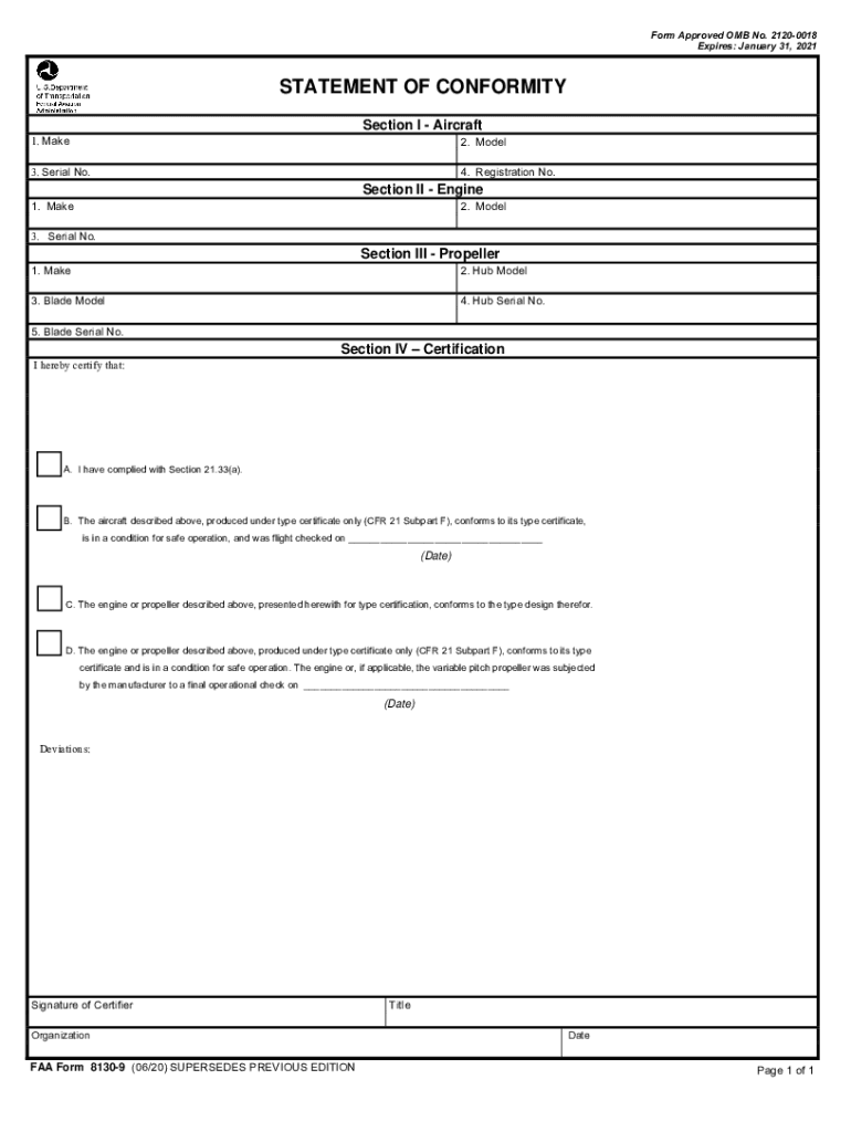  FAA Form 8130 9, Statement of Conformity 2020-2024