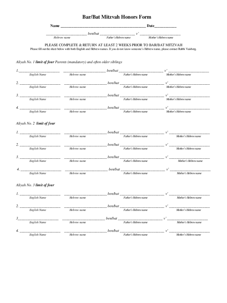 BarBat Mitzvah Honors Form