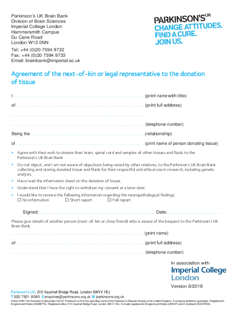  Parkinson&#039;s Next of Kin Agreement Form 2018-2024