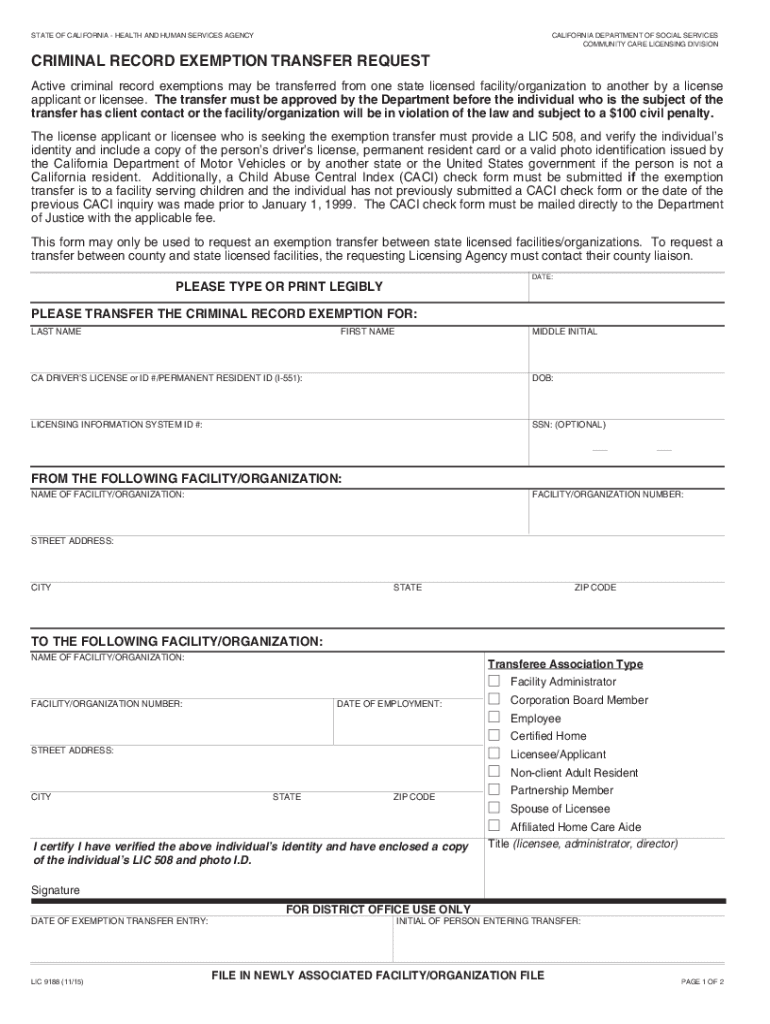 LIC9188, Criminal Record Exemption Transfer Request  Form