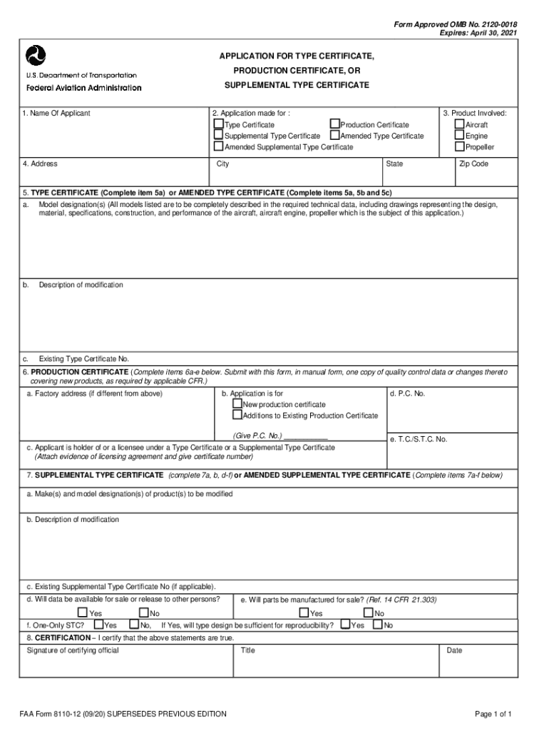  FAA Form 8110 12, Application for Type Certificate 2020-2024