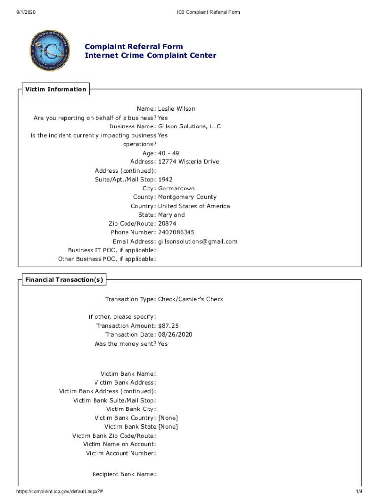 PDF Complaint Referral Form Internet Crime Complaint Center