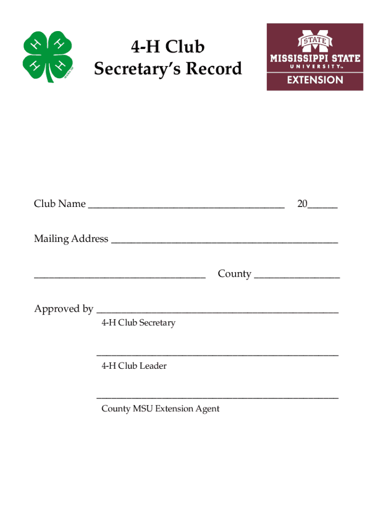 4 H Club Secretary's Record for the 4 H Club Secretary  Form
