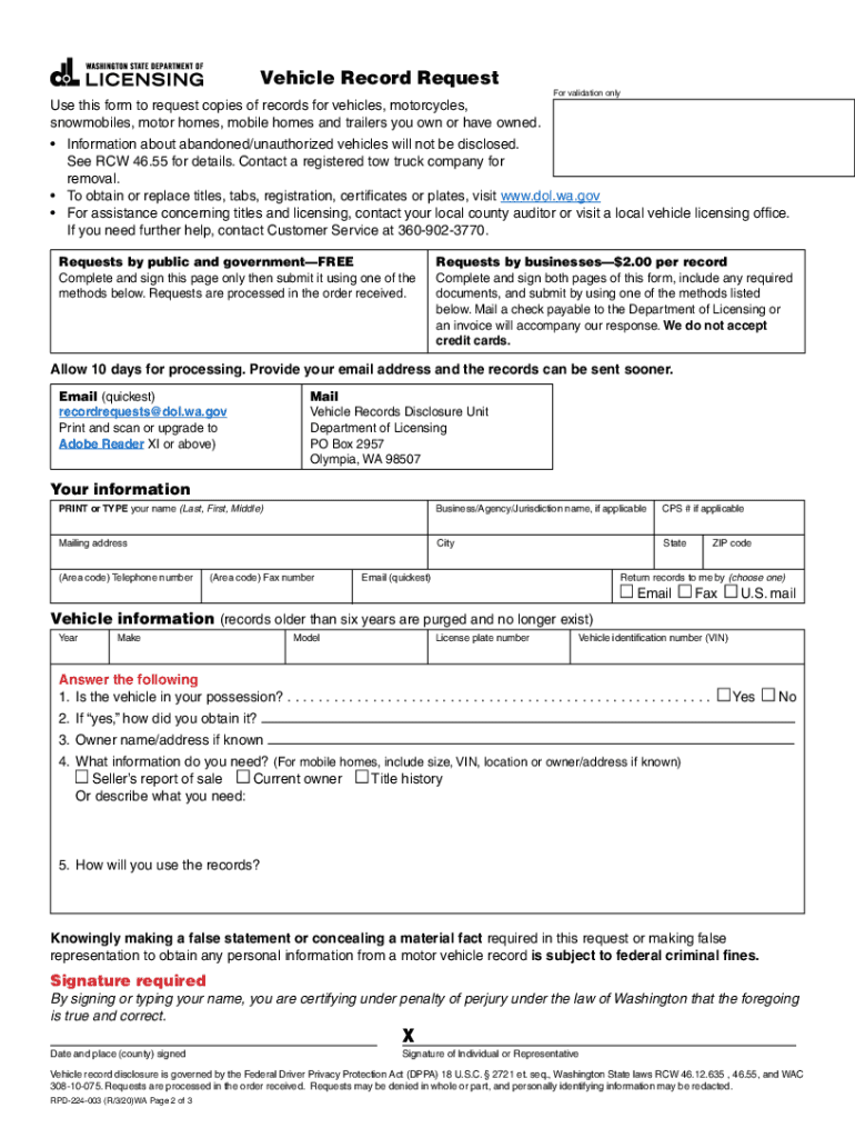 Boat Records Request WA State Licensing DOL Official  Form