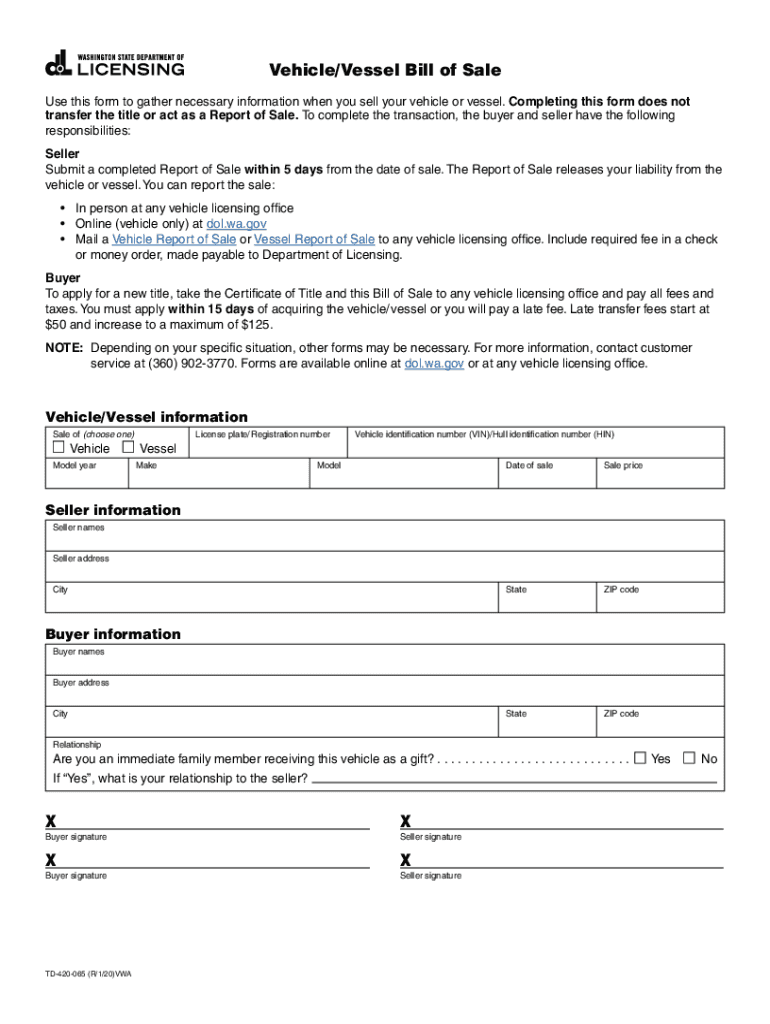 Download Washington VehicleVessel Bill of Sale Form for