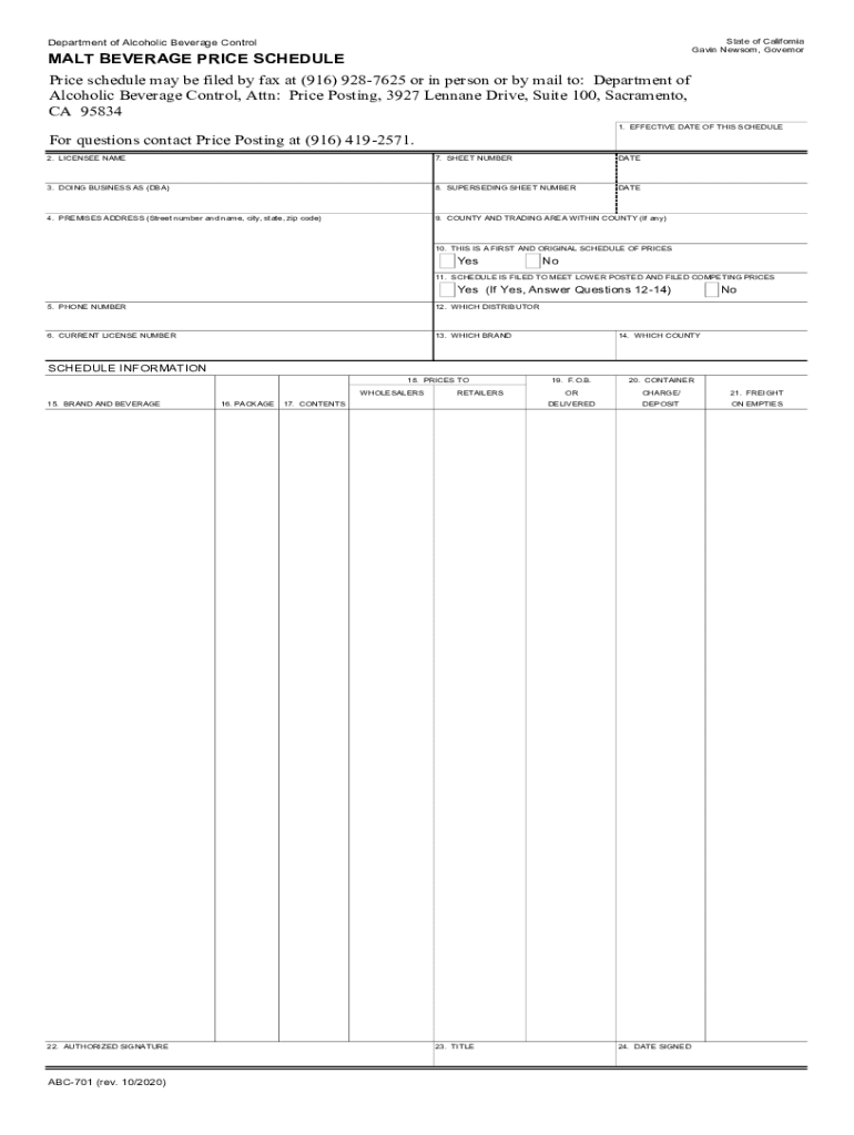 Malt Beverage Price Schedule ABC 701 Legal Malt Beverage Price Schedule ABC 701 Legal  Form