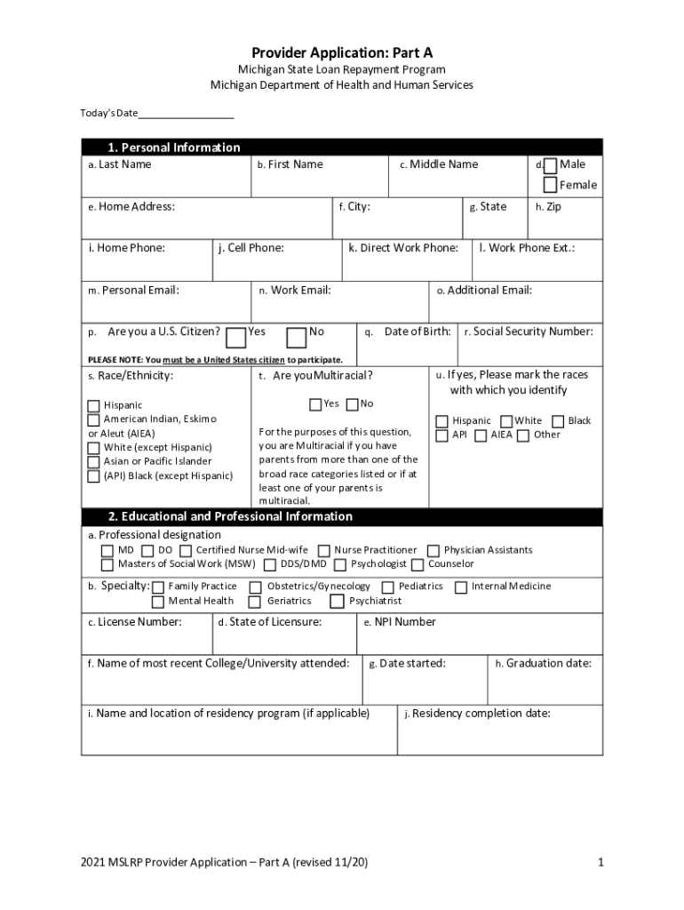  Provider Application, Part a Form, State of Michigan 2020