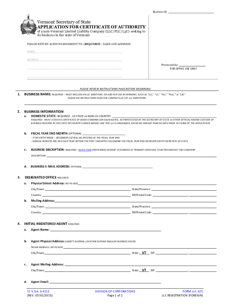 Of a Non Vermont Limited Liability Company LLCPLCL3C Seeking to  Form