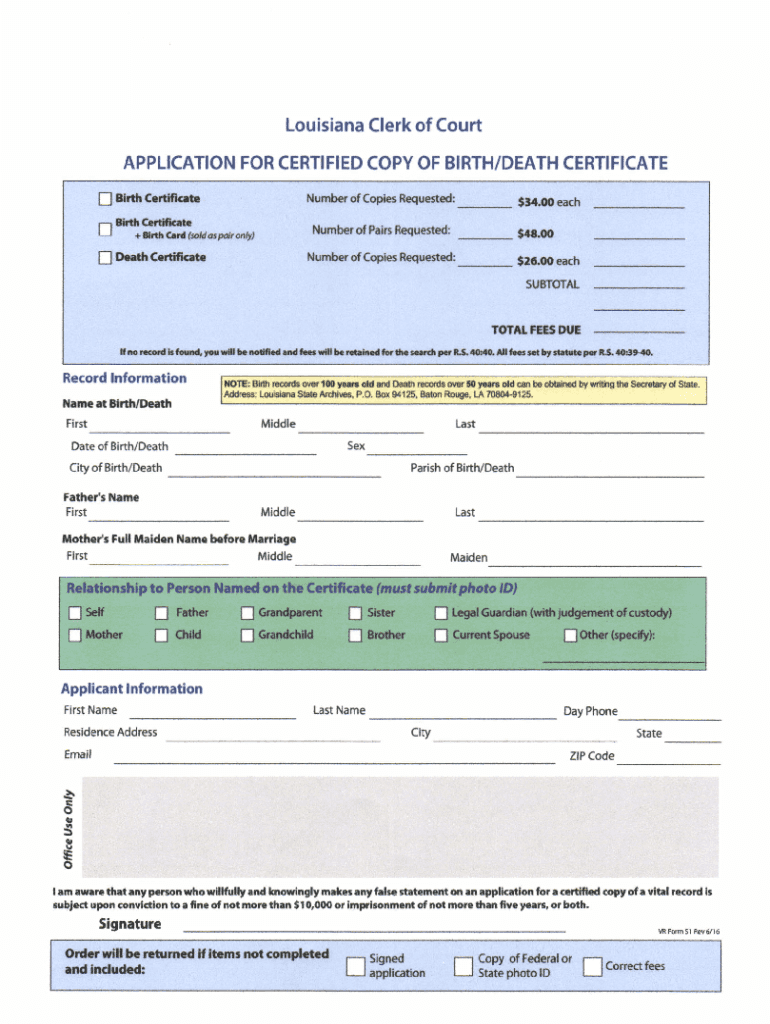 APPLICATION to AMEND CERTIFICATE of BIRTH STATE of LOUISIANA  Form