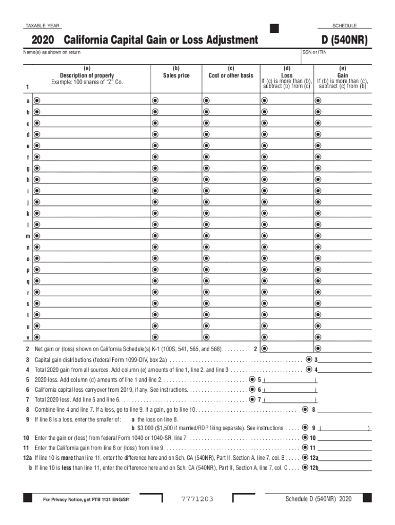  Printable California Form 540 NR Schedule D California Capital Gain or Loss Adjustment 2020