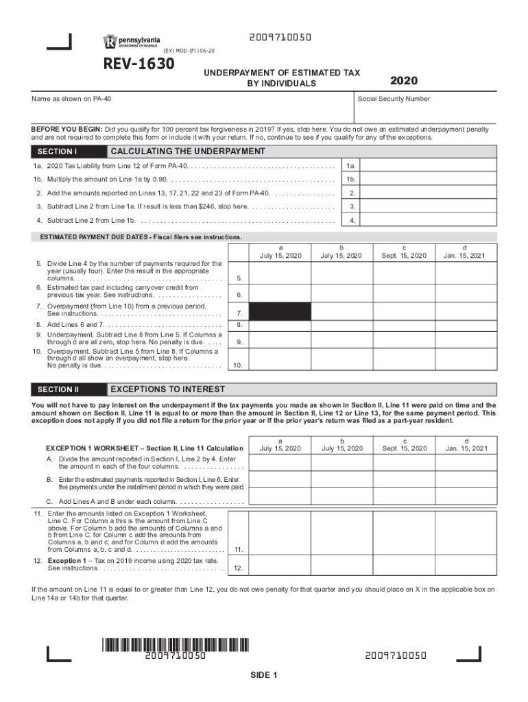  Printable Pennsylvania Form REV 1630 Underpayment of Estimated Tax by Individuals 2020