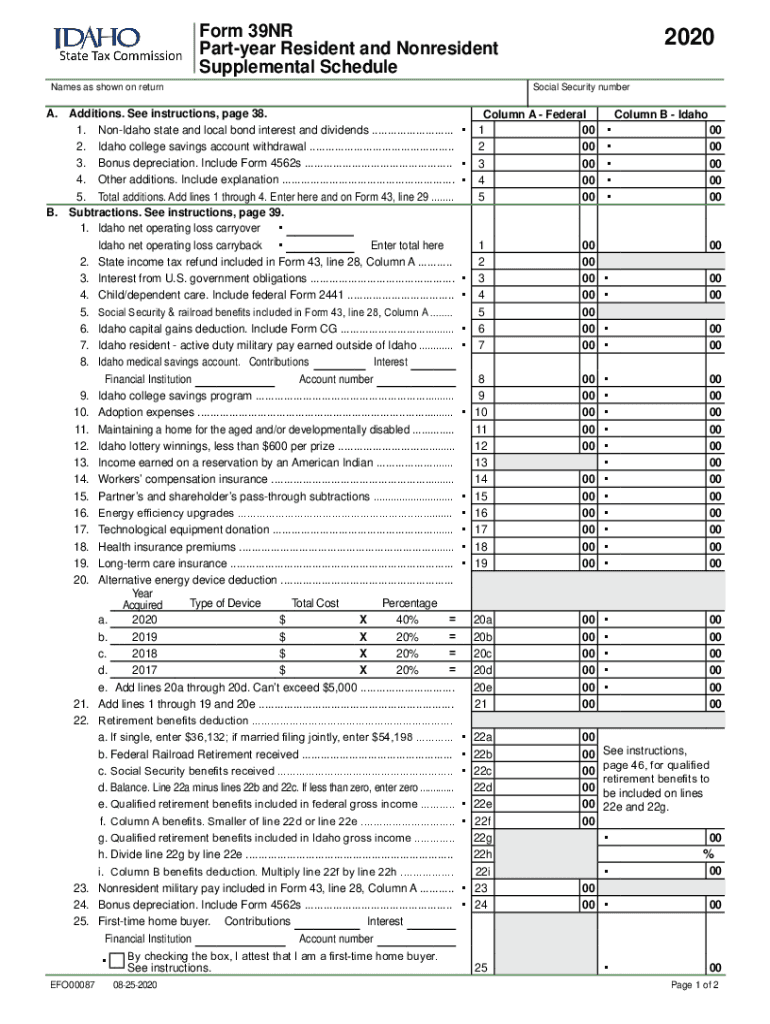  Printable Idaho FORM 39NR NONRESIDENTPART YEAR RESIDENT Idaho Supplemental Schedule 2020