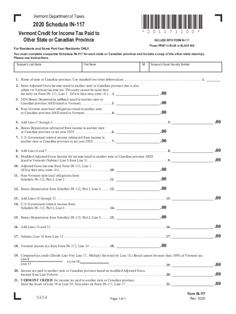  Printable Vermont Form in 117 VT Credit for Income Tax Paid to Other State or Canadian Province 2020