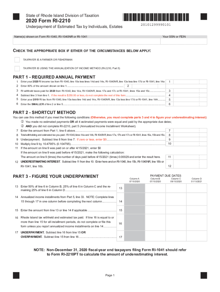  Printable Rhode Island Form 2210 Underpayment of Estimate 2020