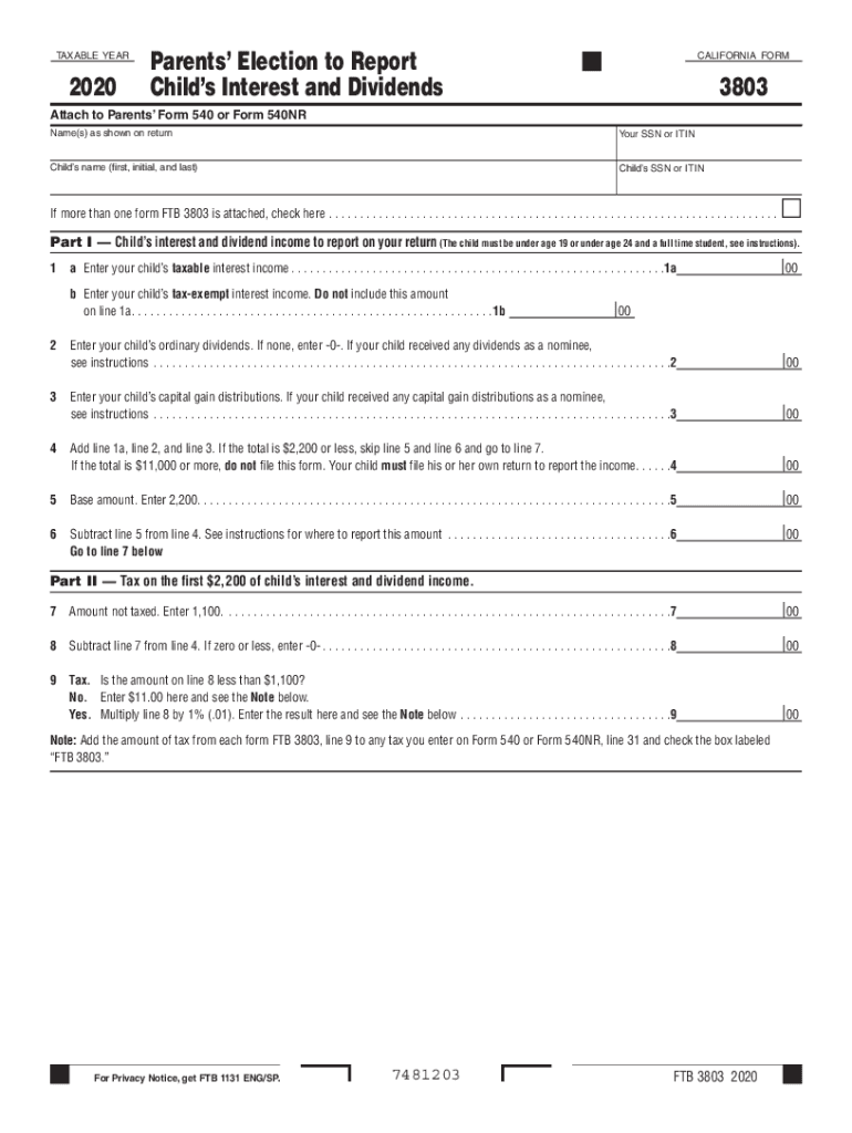 Printable California Form 3803 Parents' Election to Report Child's Interest and Dividends