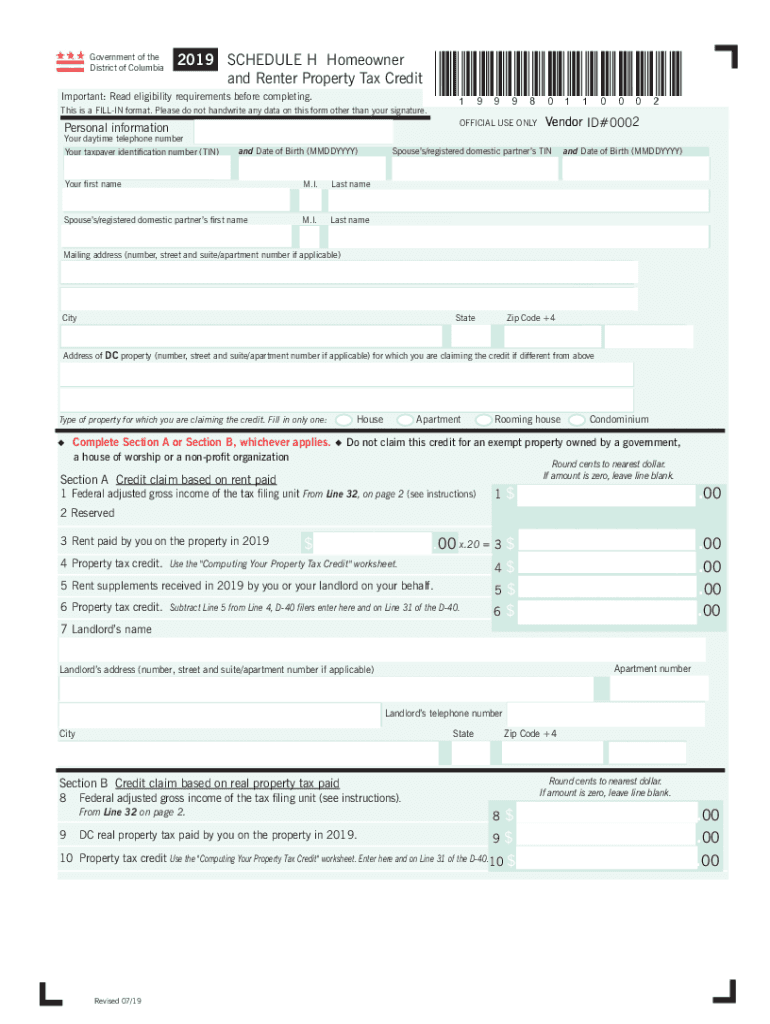  District of Columbia D 40WH Withholding Tax Schedule 2019