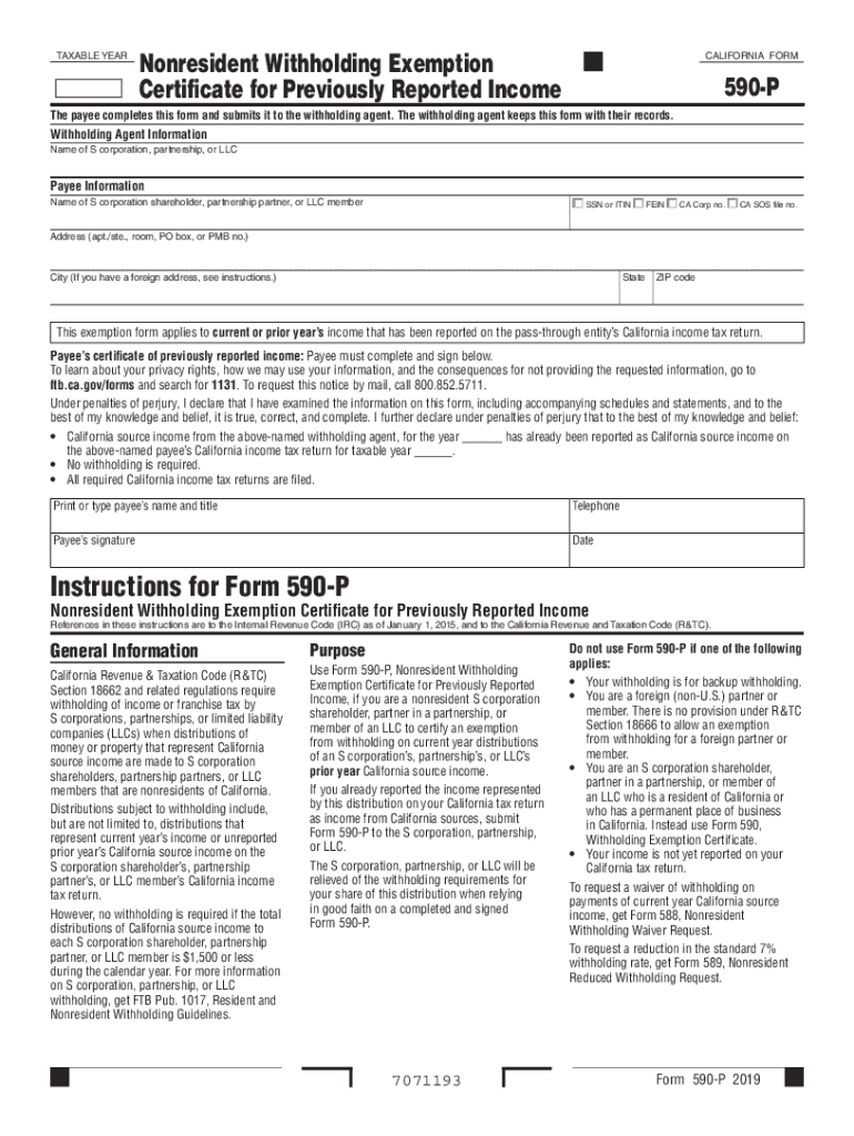 Printable California Form 590 P Nonresident Withholding Exemption Certificate for Previously Reported Income