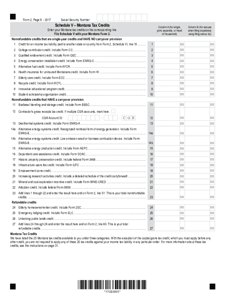 Printable Montana Form 2 Worksheet V Tax Credits DISCONTINUED