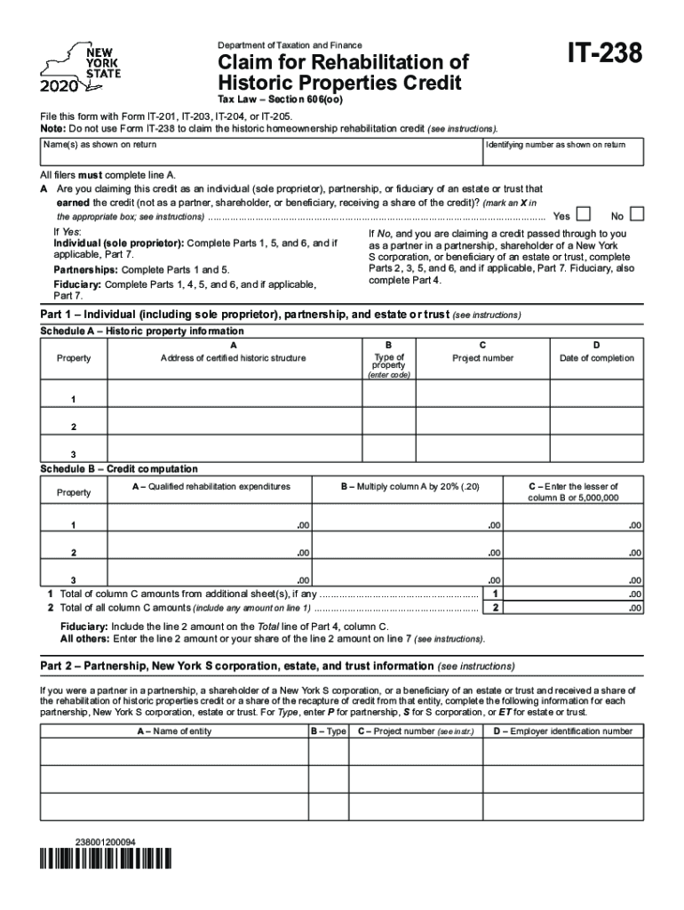  Printable New York Form it 238 Claim for Rehabilitation of Historic Properties Credit 2020