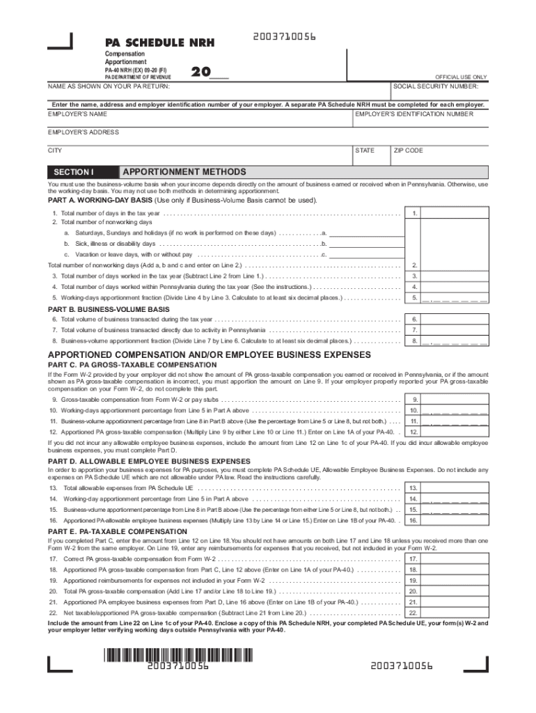 PA Schedule NRH Compensation Apportionment PA 40 NRH FormsPublications