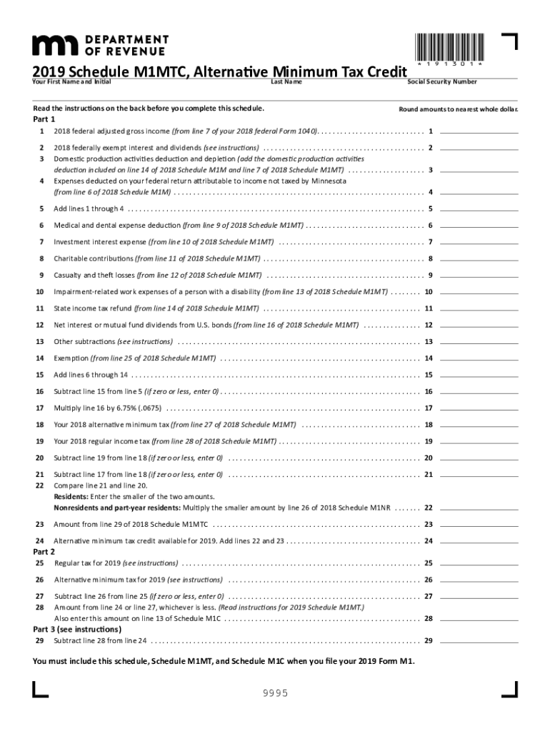  Minnesota Form M1MTC Alternative Minimum Tax Credit Minnesota Form M1MTC Alternative Minimum Tax Credit Minnesota Form M1MTC Alt 2019