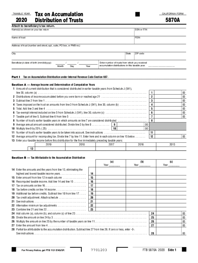 Printable California Form 5870 a Tax on Accumulation Distribution of Trusts