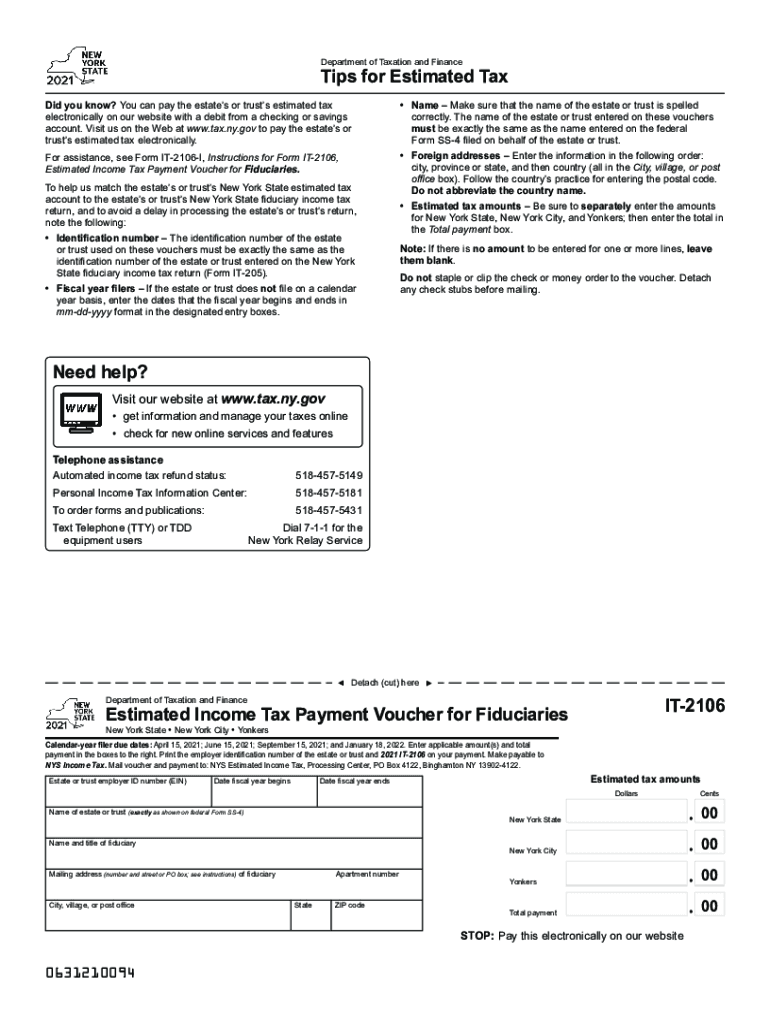  Printable New York Form it 2106 Estimated Income Tax Payment Voucher for Fiduciaries 2021