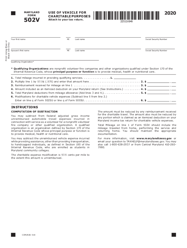  Printable Maryland Form 502V Use of Vehicle for Charitable Purposes 2020