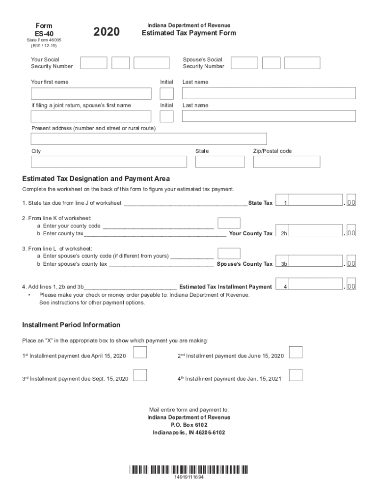  Form Indiana Department of Revenue Estimated Tax Payment 2020