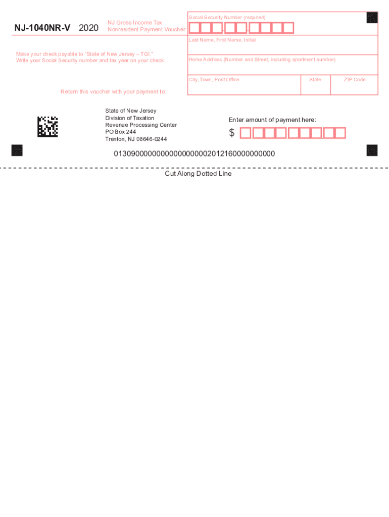  Printable New Jersey Form NJ 1040NR V NJ Gross Income Tax Nonresident Payment Voucher 2020