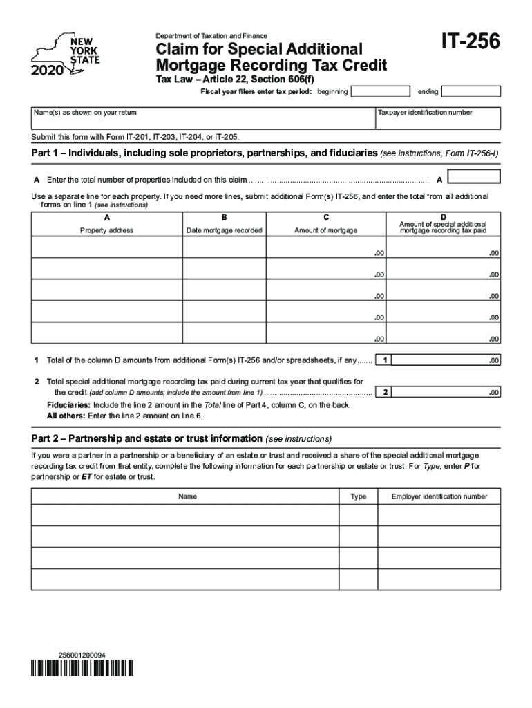  Printable New York Form it 256 Claim for Special Additional Mortgage Recording Tax Credit 2020
