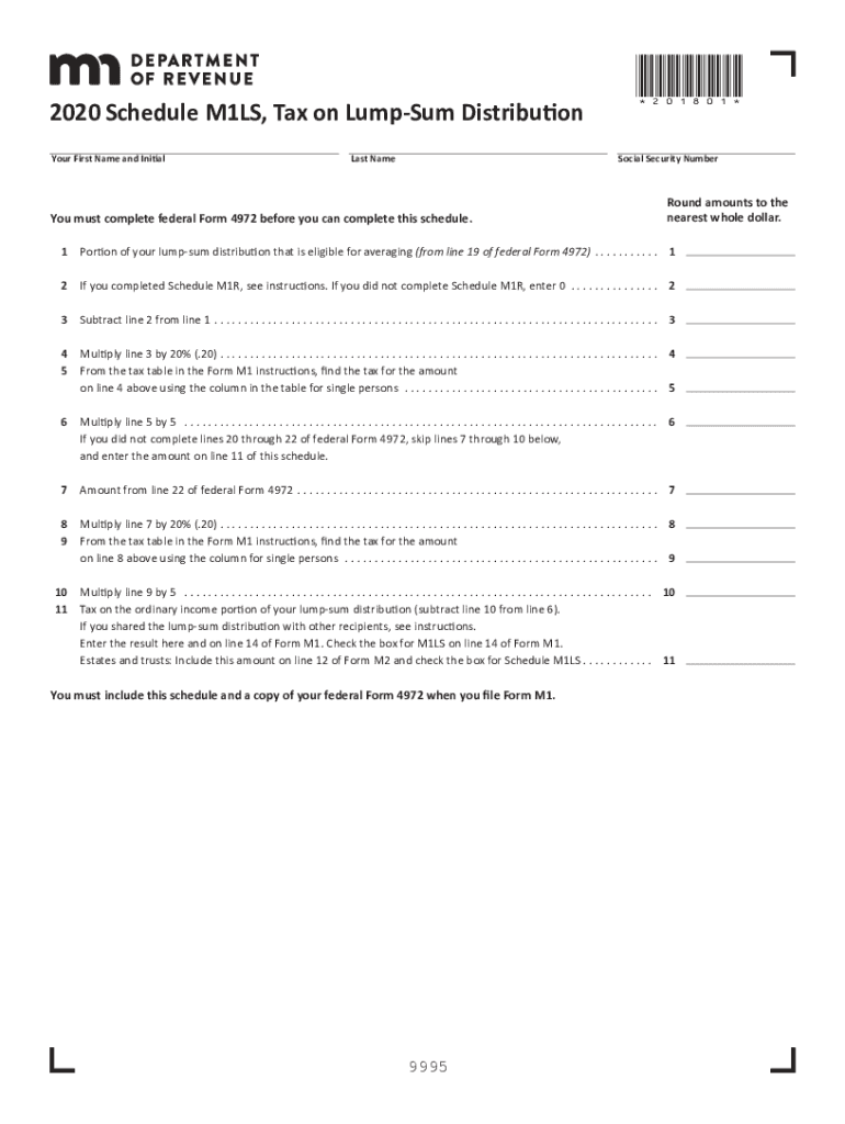  Printable Minnesota Form M1LS Tax on Lump Sum Distribution 2020