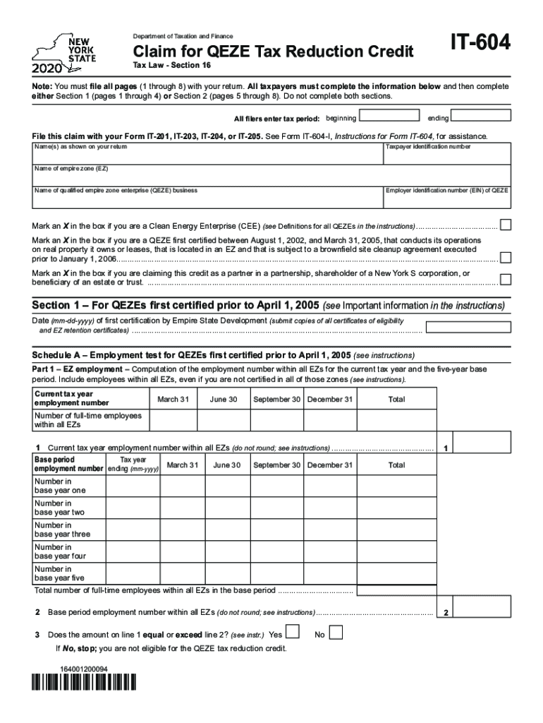  Form it 604 Claim for QEZE Tax Reduction Credit Tax Year 2020