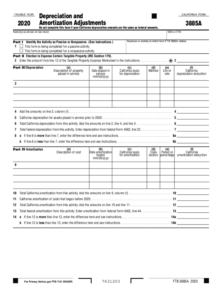  Form 3885A Depreciation and Amortization Adjustments Form 3885A Depreciation and Amortization Adjustments 2020
