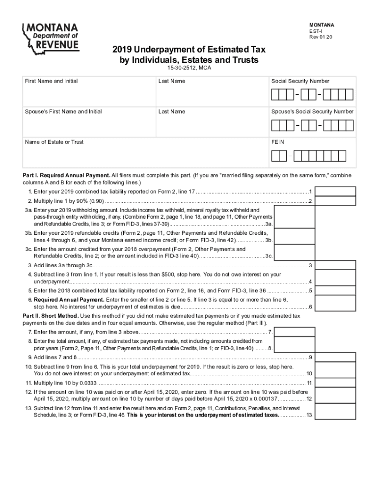  Printable Montana Form EST I Underpayment of Estimated Tax by Individuals and Fiduciaries 2020