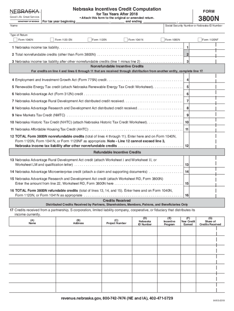  Printable Nebraska Form 3800N Nebraska Incentives Credit Computation for All Tax Years 2019