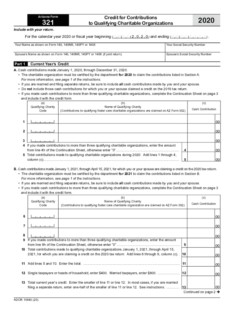  Printable Arizona Form 321 Credit for Contributions to Qualifying Charitable Organizations 2020