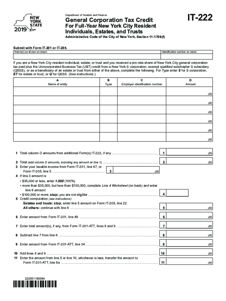 New York Form it 222 General Corporation Tax Credit for Full