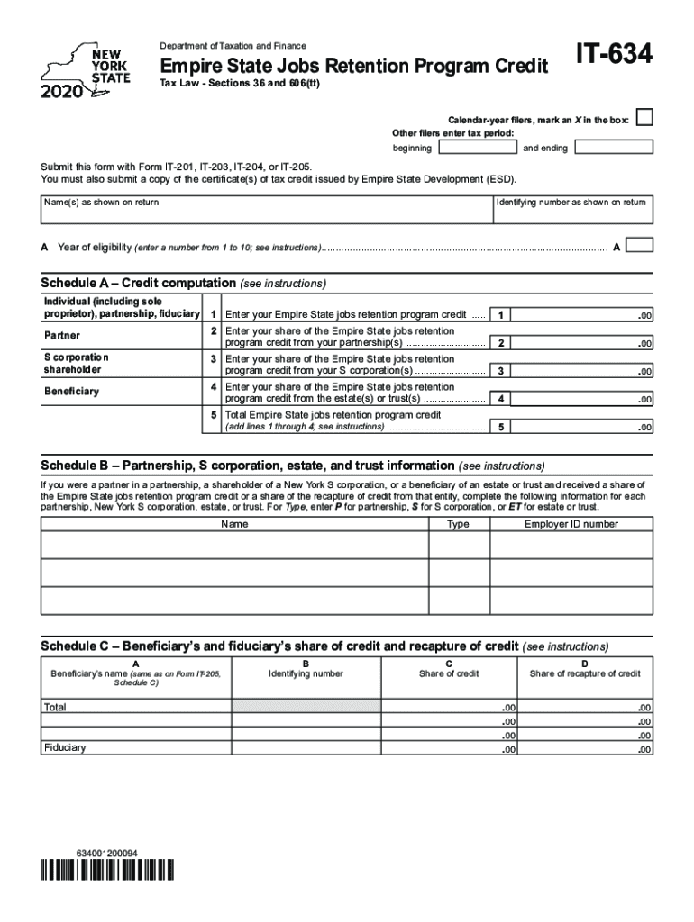  Form it 634 Empire State Jobs Retention Program Credit Tax Year 2020