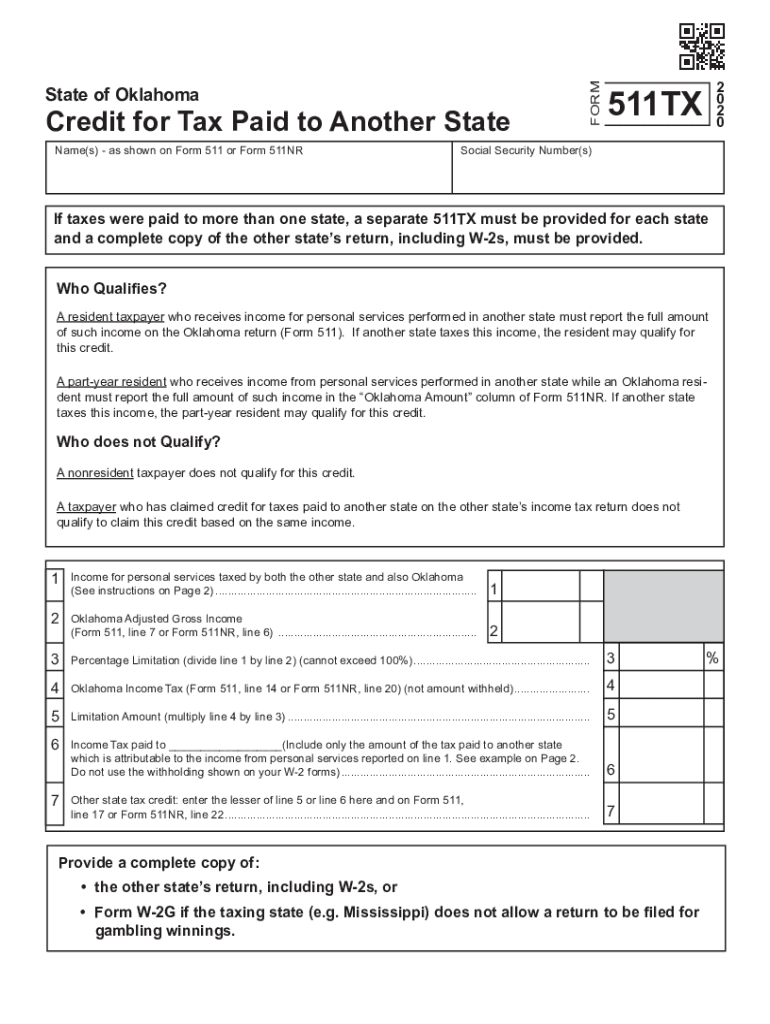  OK Form 511TX Credit for Taxes Paid to Another State 2020