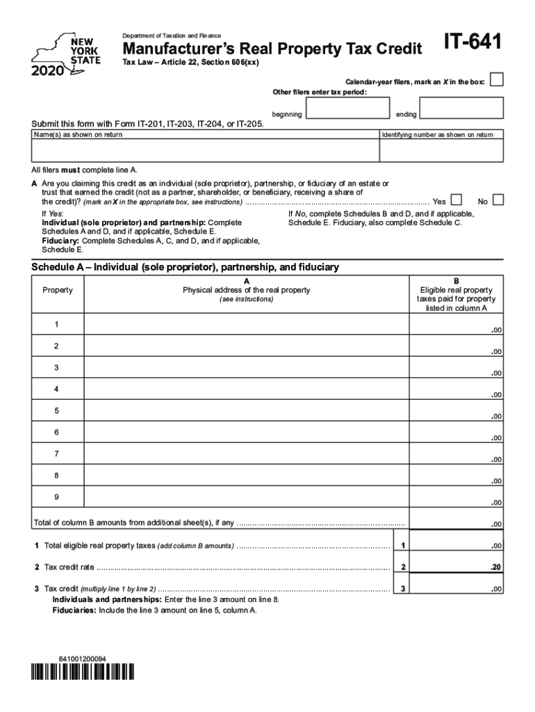  Printable New York Form it 641 Manufacturer's Real Property Tax Credit 2020