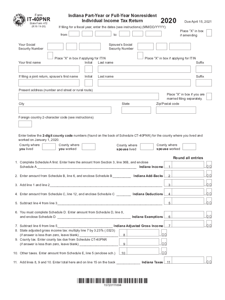  Printable Indiana it 40PNR Form Part Year or Full Year Nonresident Individual Income Tax Return 2020