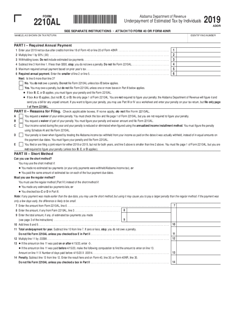  Printable Alabama Form 2210AL Estimated Tax Penalties for Individuals 2019