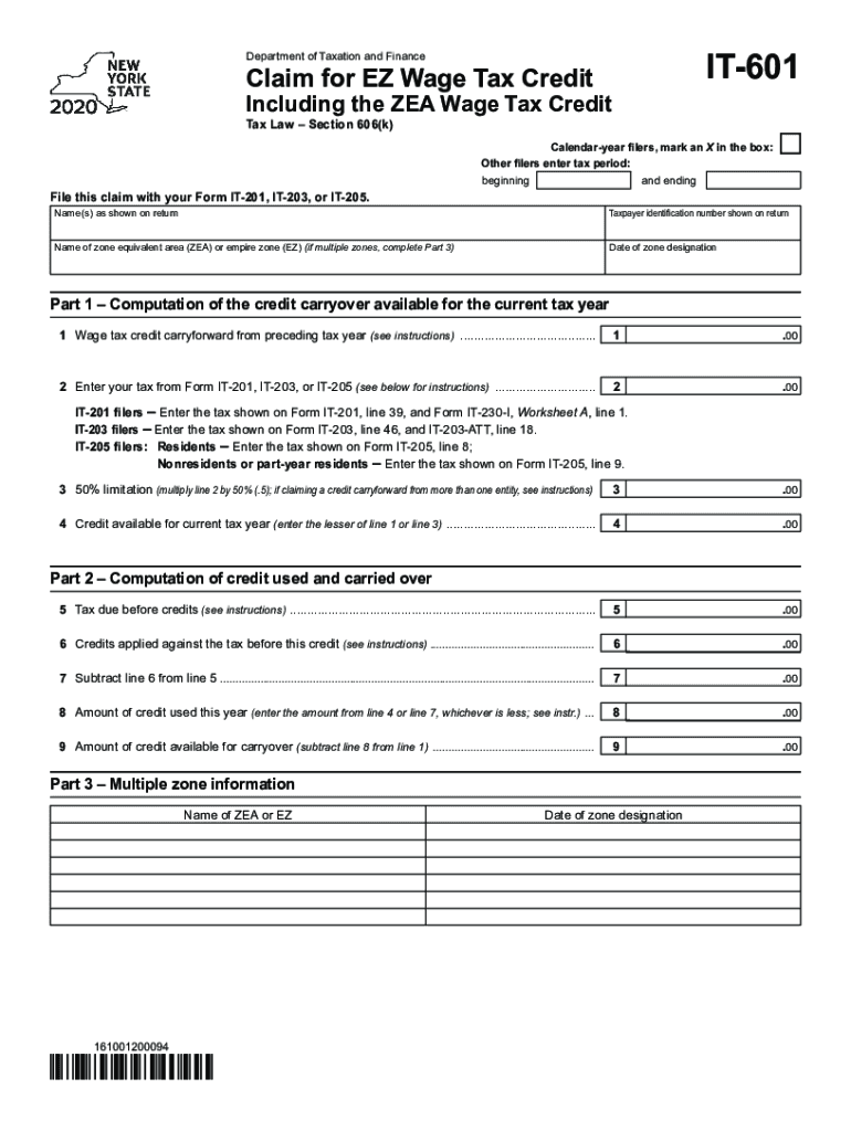  Form it 601 Claim for EZ Wage Tax Credit Tax Year 2020