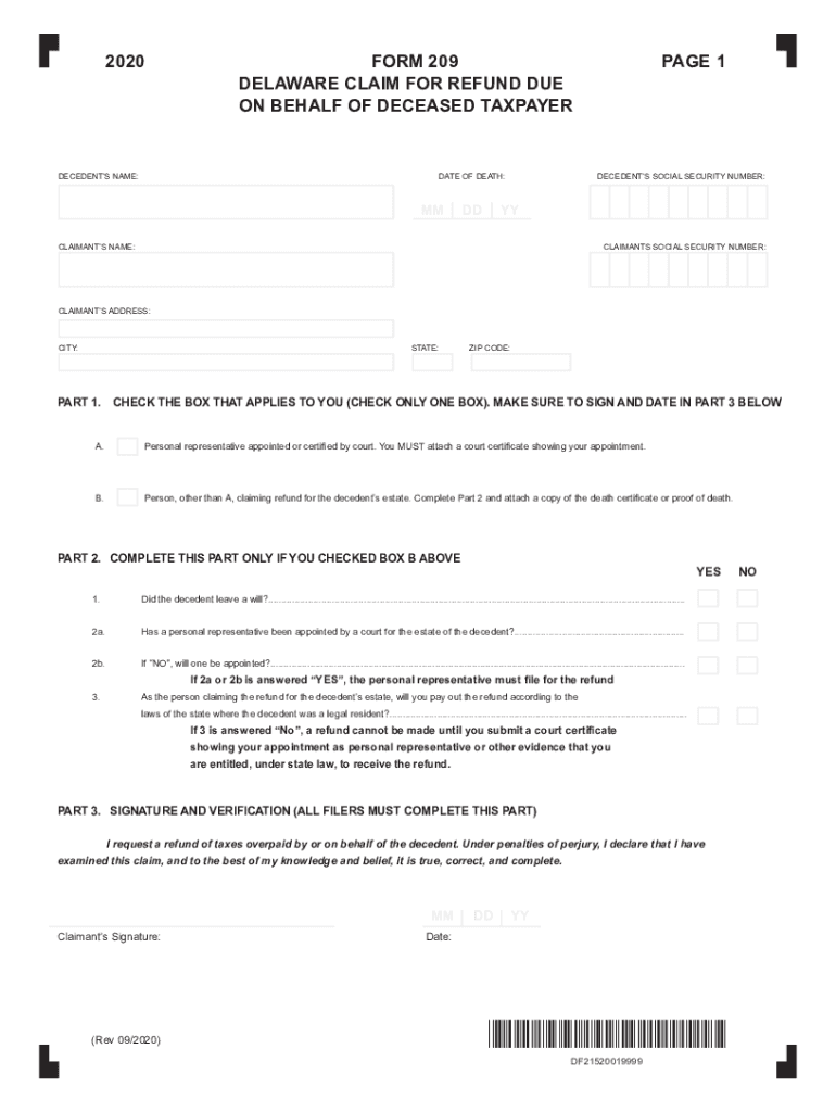  Printable Delaware Form 209 Claim for Refund of Deceased Taxpayer 2020