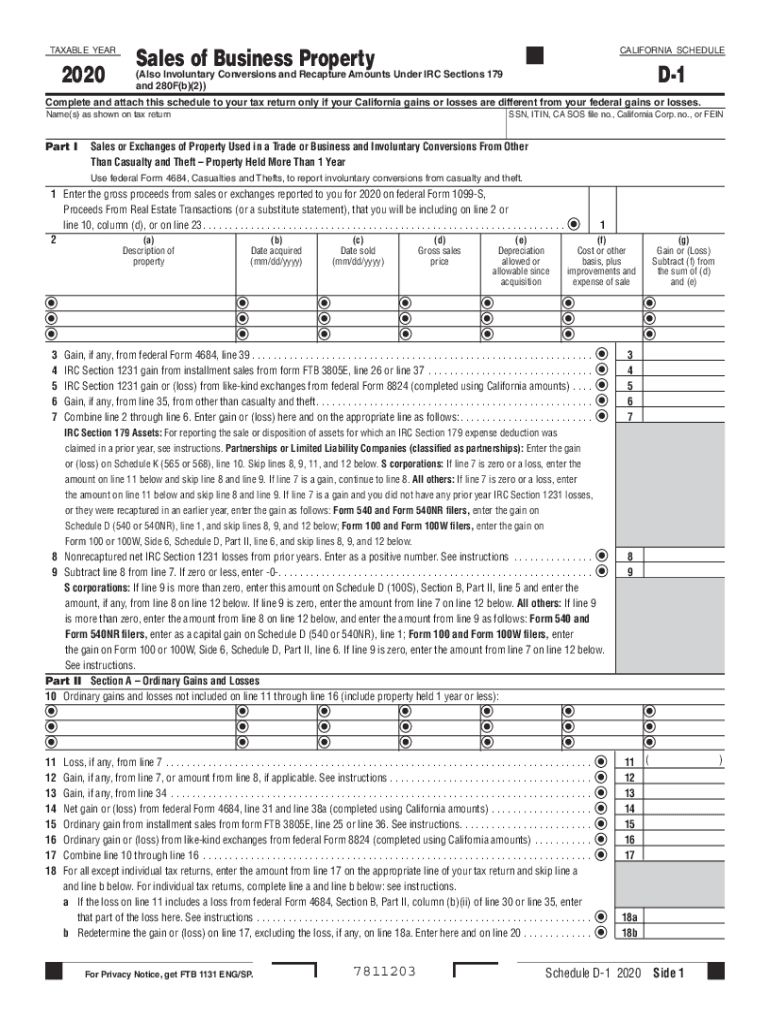  Printable California Form 540 Schedule D 1 Sales of Business Property 2020