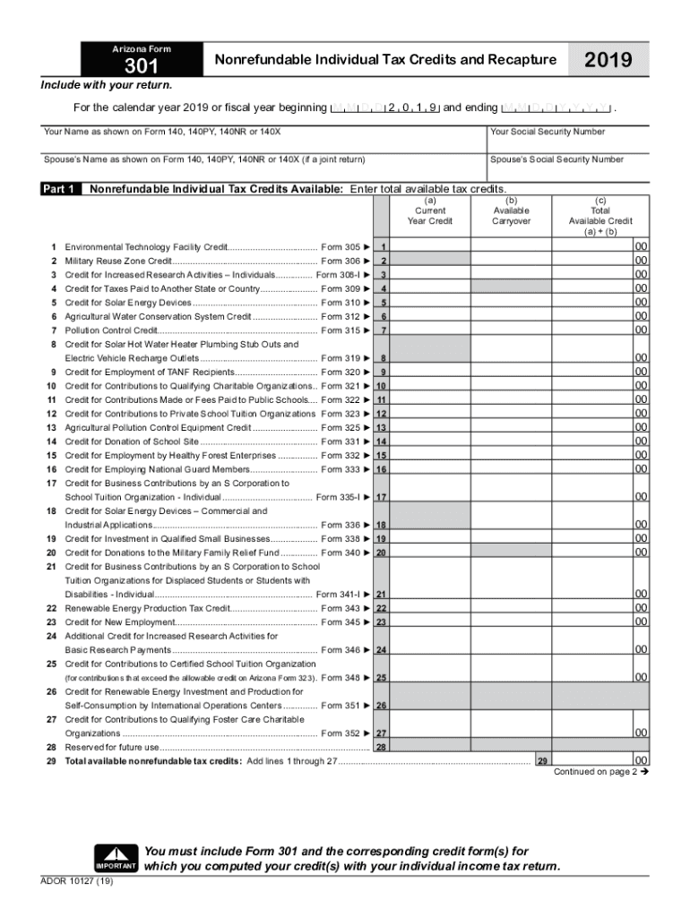  Arizona Form 301 Nonrefundable Individual Tax Credits and Arizona Form 301 Nonrefundable Individual Tax Credits and Arizona Tax  2019