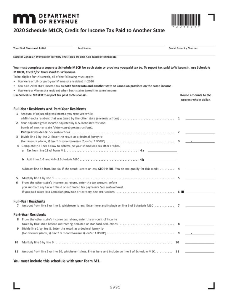  Printable Minnesota Form M1CR Credit for Income Tax Paid to Another State 2020