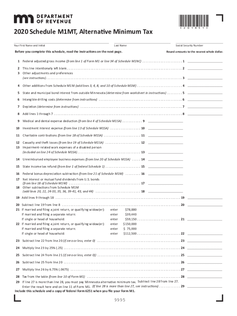  Printable Minnesota Form M1MT Alternative Minimum Tax 2020