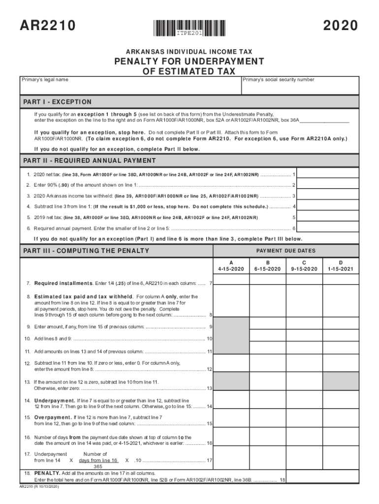  Arkansas Form AR2210 Penalty for Underpayment of Estimated 2020